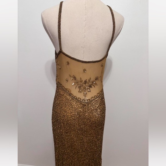 Vintage 100% Silk Beaded Dress Gold Beaded Dress Train Sheer Silk Fairy Prom - Picture 12 of 17